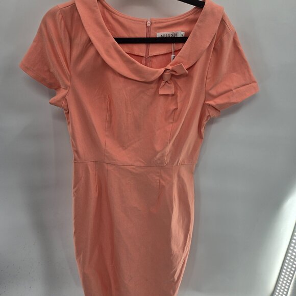 MUXXN Coral Retro Rockabilly Pinup Bow Short Sleeved Midi Dress Size XL - Picture 4 of 9